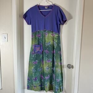 Usindo Y2K Dress Women M Purple Green Floral Beaded Butterfly Cottage Peasant